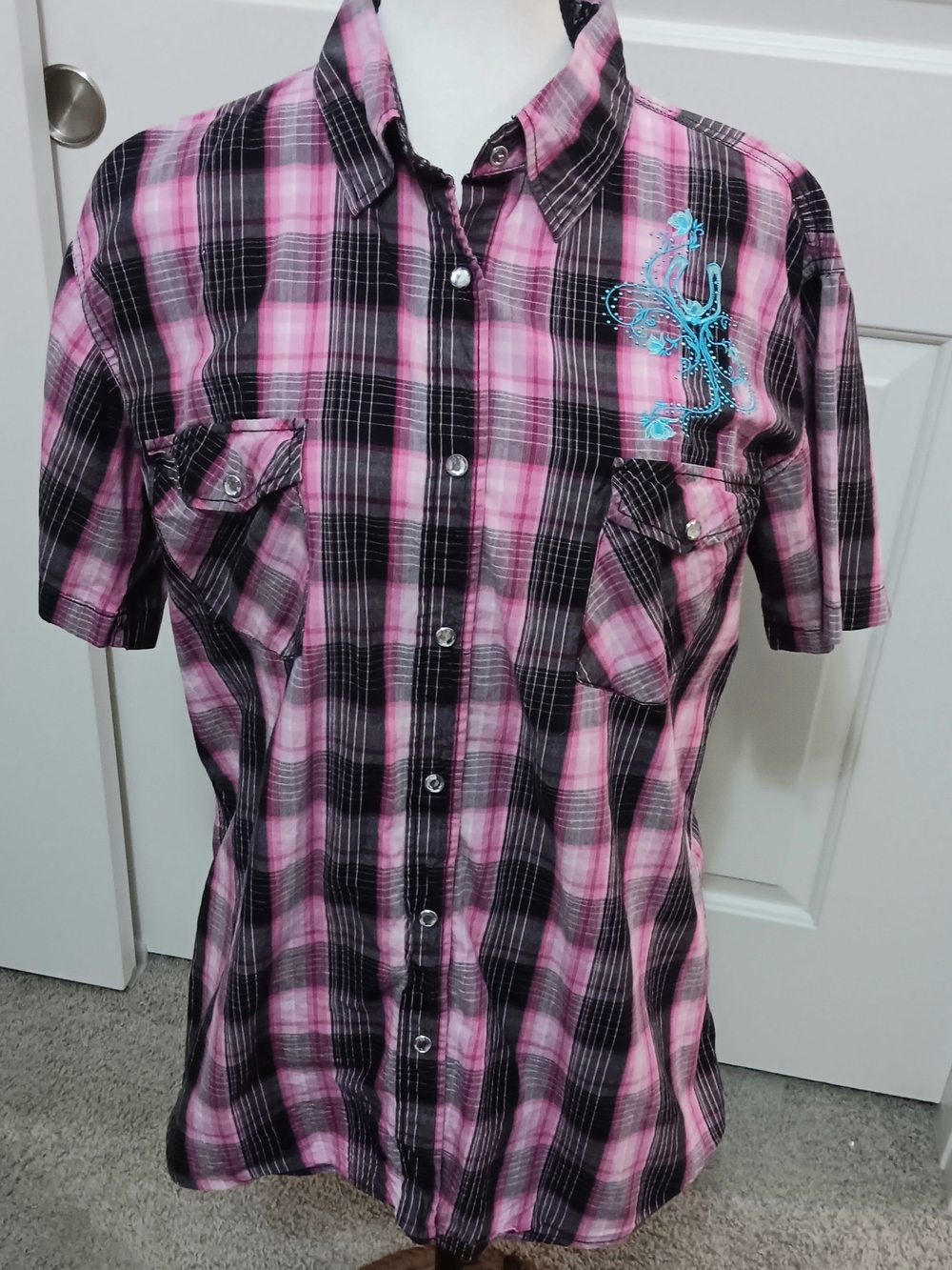 Cowgirl Hardware- Ladies Pink and Black Plaid Short-Sleeve Button-Up Shirt